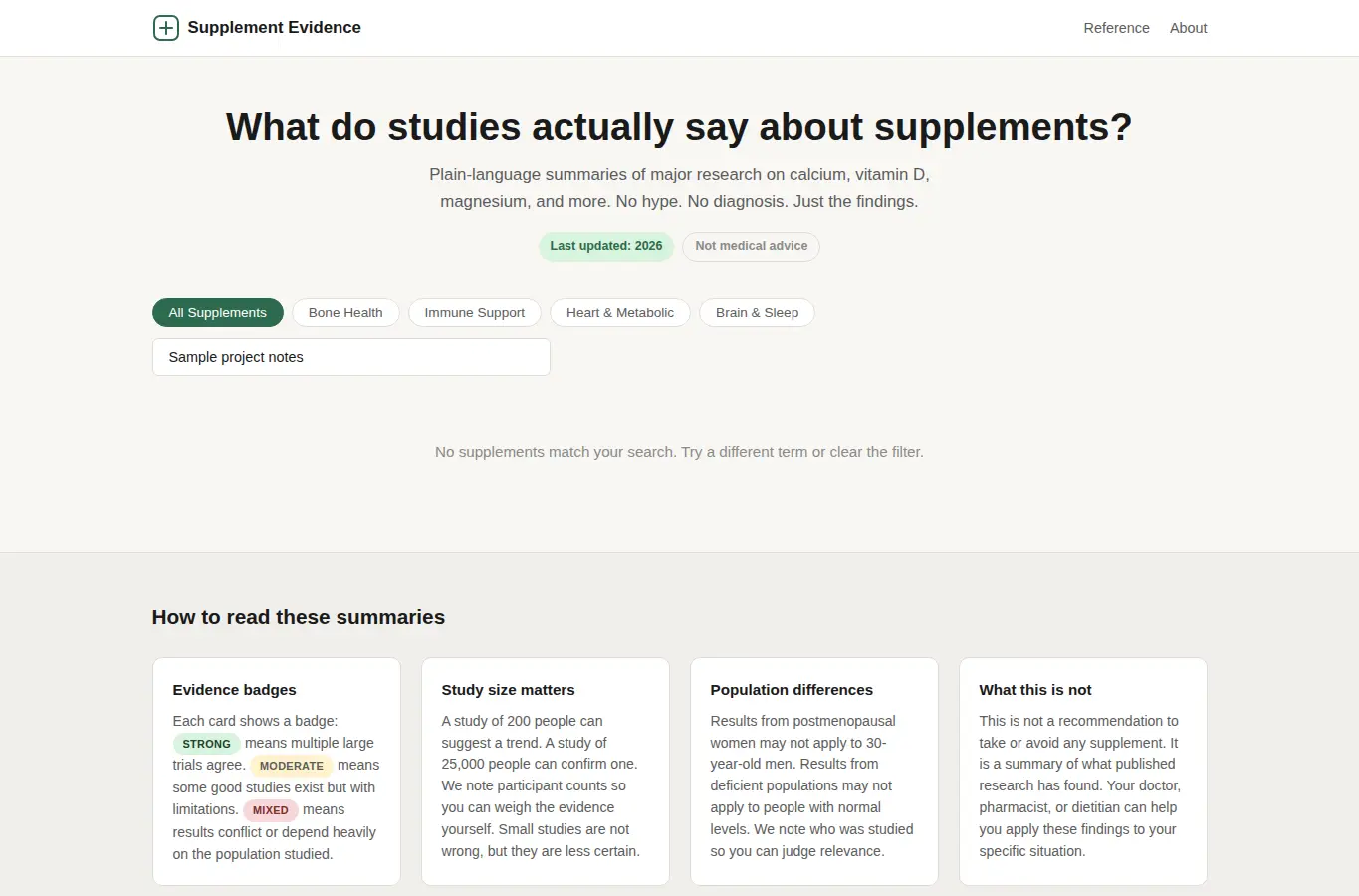 Screenshot of Supplement Evidence Summarizer interface showing the project page in use